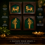 Brass Kamadhenu & Parrot Wall Decor | Premium Wooden Frame Art for Luxury Home Interiors