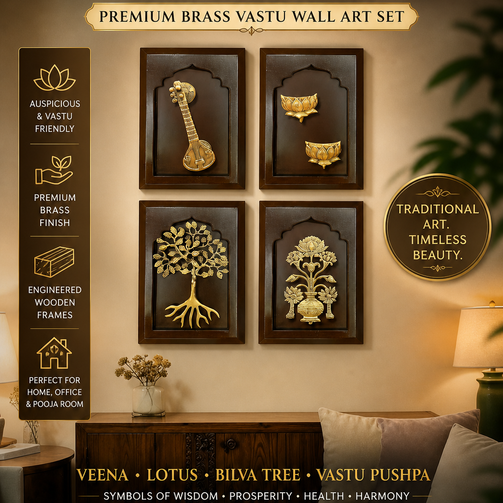 Brass Vastu Wall Art Set – Veena, Lotus, Bilva Tree & Sacred Pushpa in Engineered Wooden Frames | Traditional Home Decor.