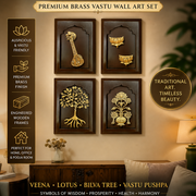 Brass Vastu Wall Art Set – Veena, Lotus, Bilva Tree & Sacred Pushpa in Engineered Wooden Frames | Traditional Home Decor.