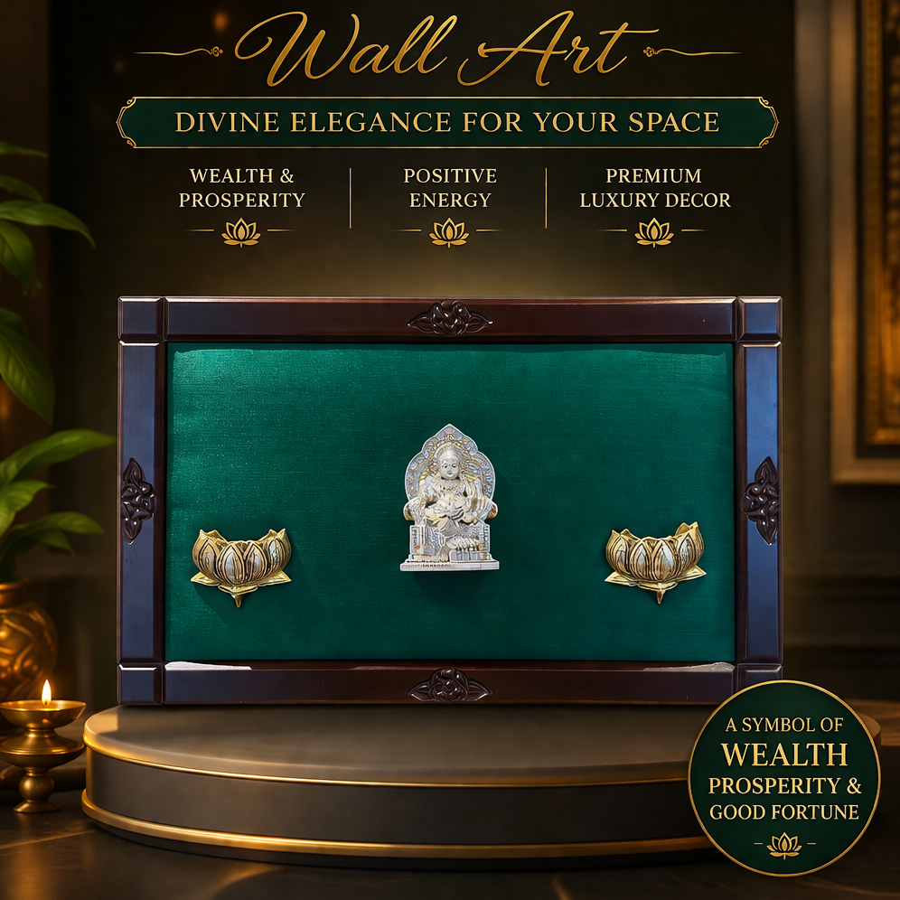 Silver Kuber Wall Art with Brass Lotus | Luxury Wooden Frame Green Silk Backdrop Decor.