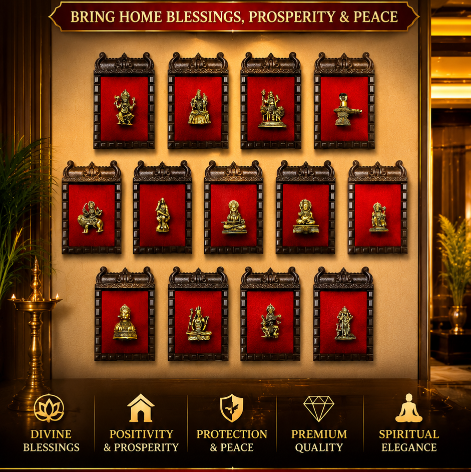 14 Gods Brass Frame Wall Décor | Premium Engineer Wooden Frame with Red Silk Backdrop | (Per Frame Price 9,555)