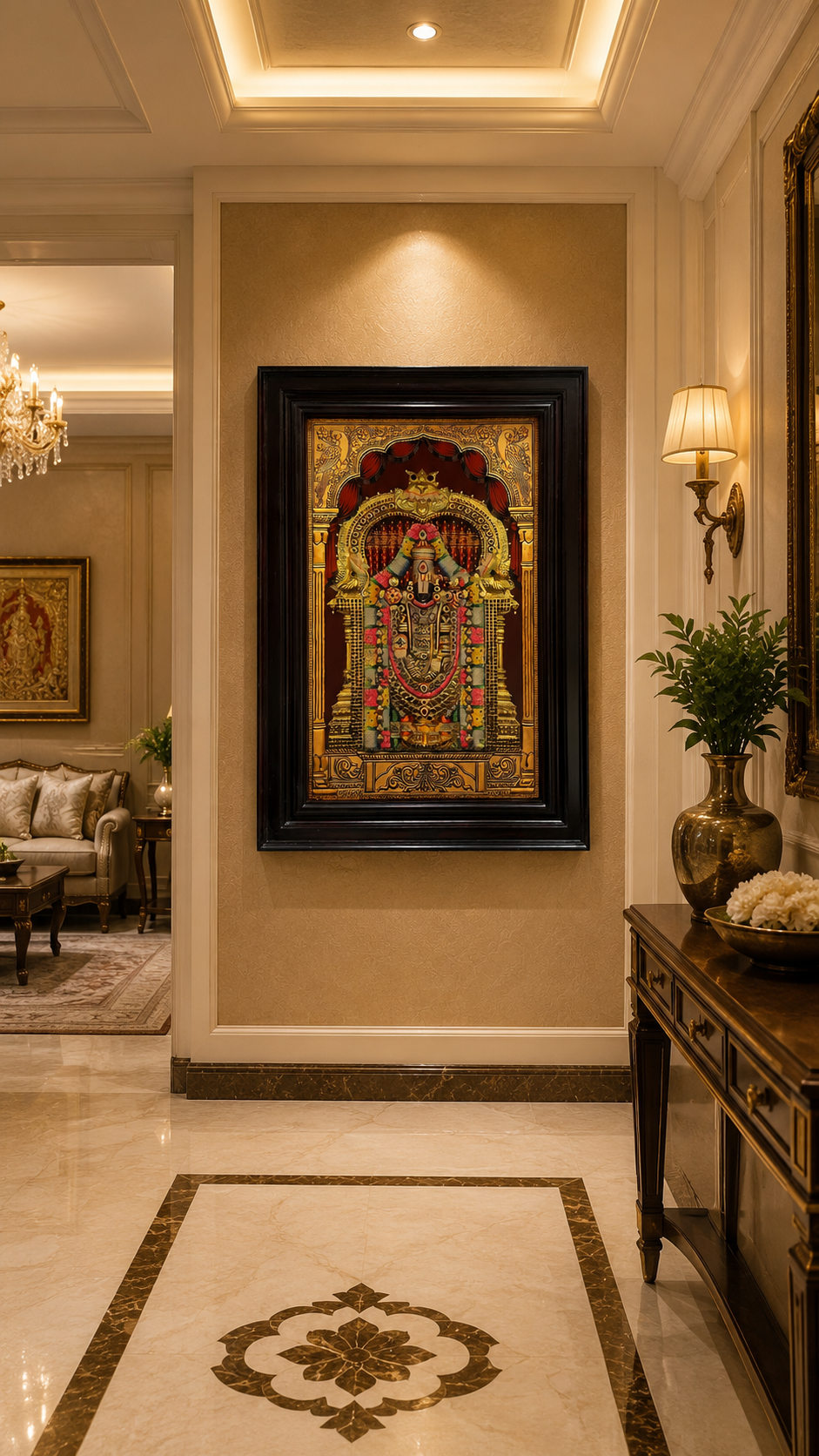 Luxury Tirupati Gold Leaf Art with Rosewood Frame | Premium Pooja Room Wall Decor