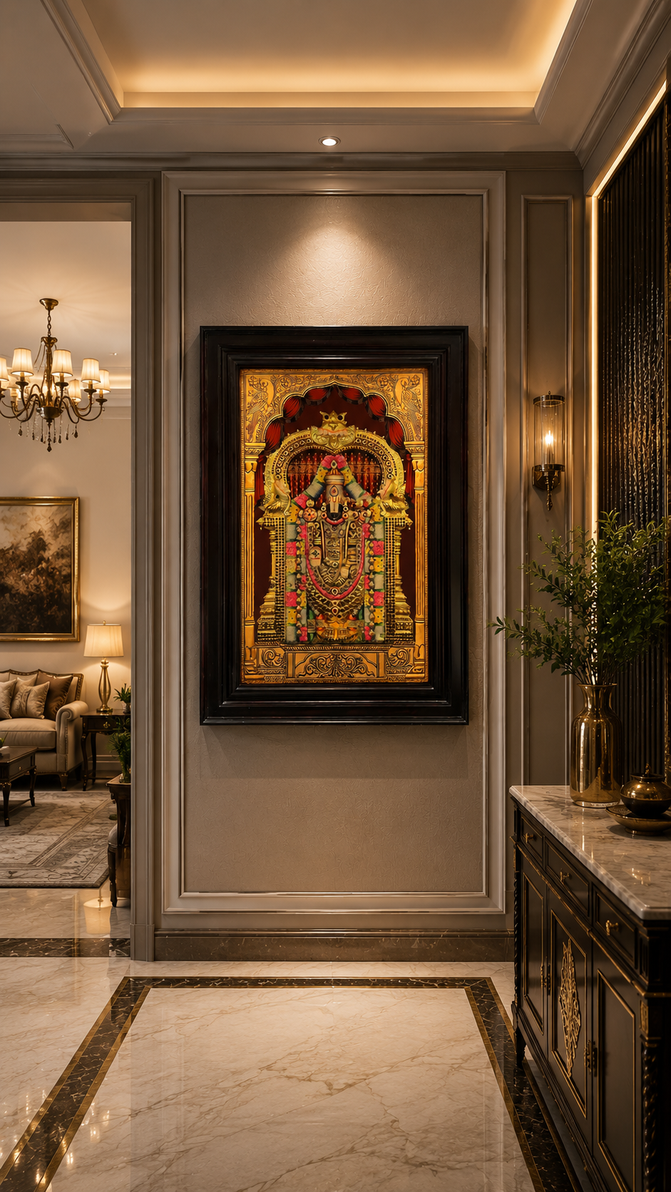 Luxury Tirupati Gold Leaf Art with Rosewood Frame | Premium Pooja Room Wall Decor