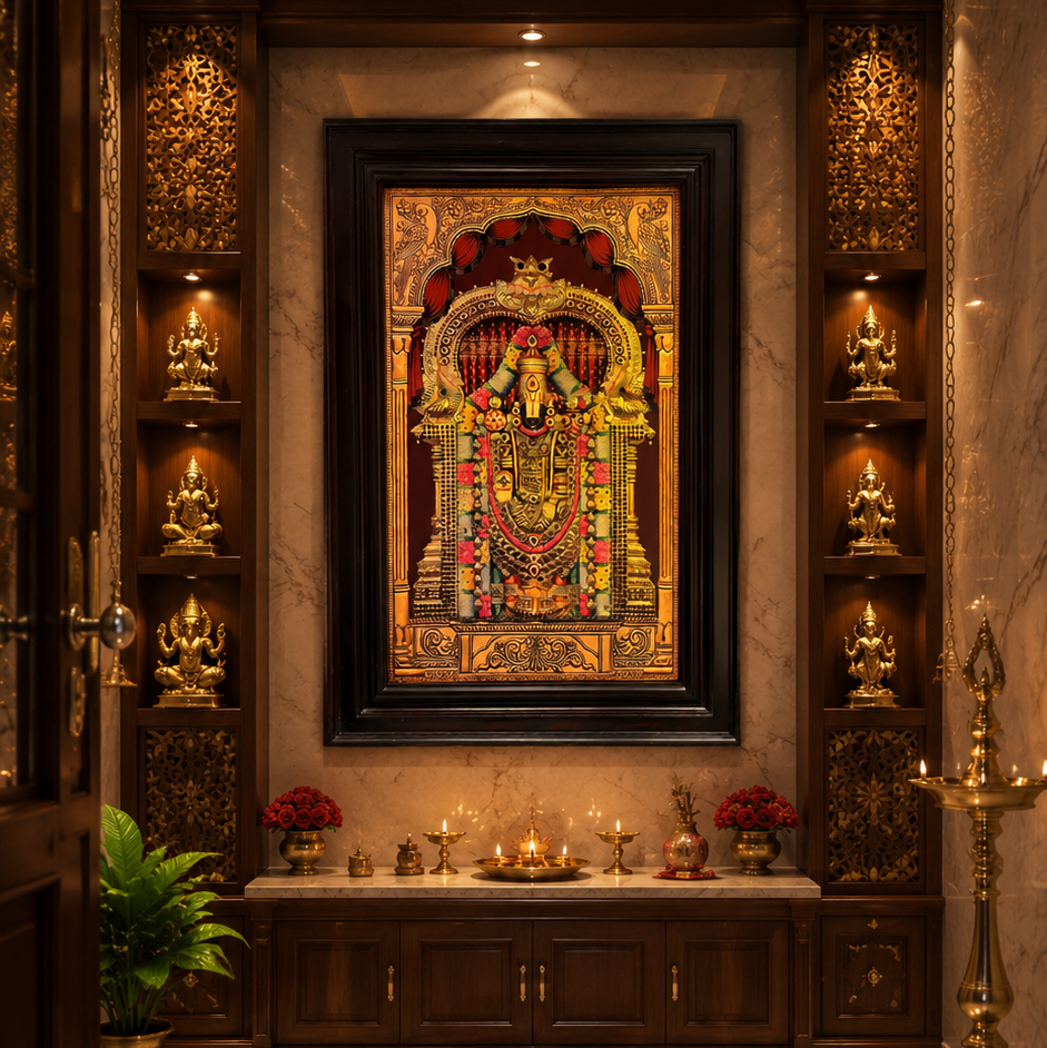 Luxury Tirupati Gold Leaf Art with Rosewood Frame | Premium Pooja Room Wall Decor
