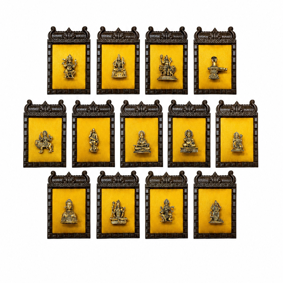 13 Divine Gods Brass Wall Frame with Yellow Silk Backdrop | PremiumEngineer Wooden Frame. (Per Frame Price 9,555)