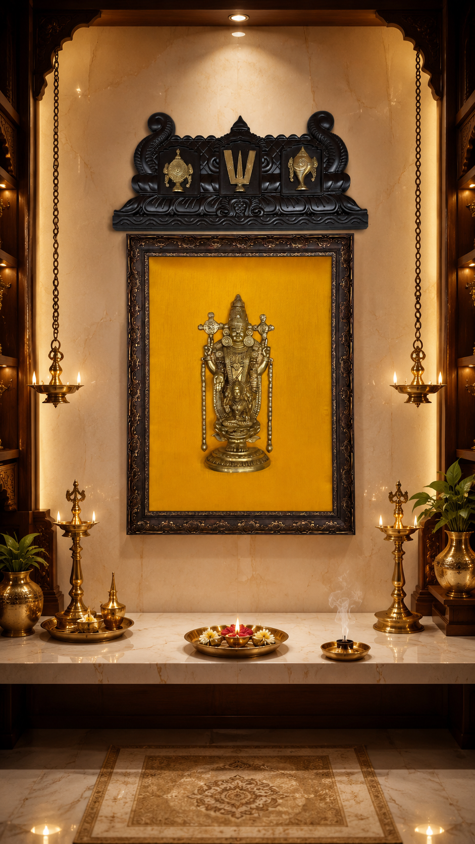 Brass Tirupati Balaji Wall Decor with Wooden Frame | Premium Pooja Room Art.