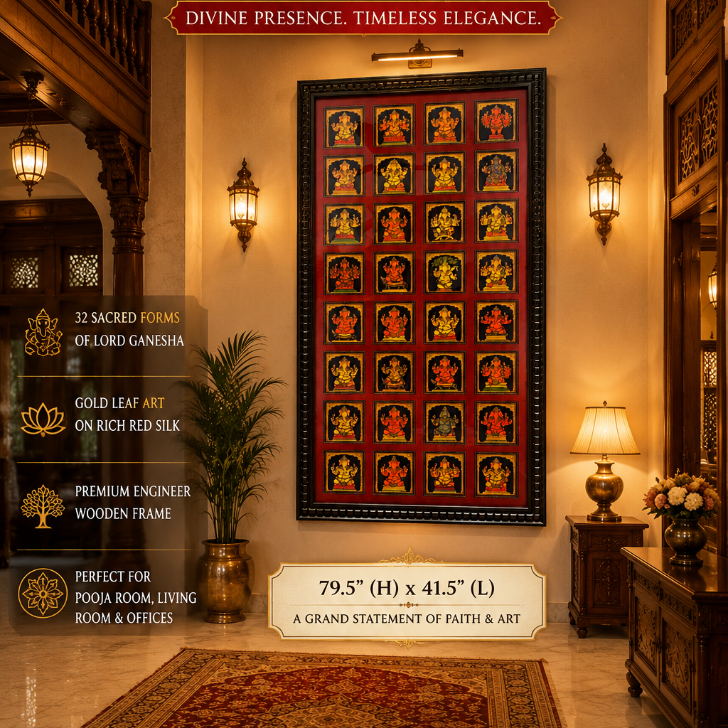 32 Forms of Gold Leaf Ganapati Art Frame – Premium Red Silk Backdrop Wall Decor with Engineer Wooden Frame | 79.5 x 41.5 Inches