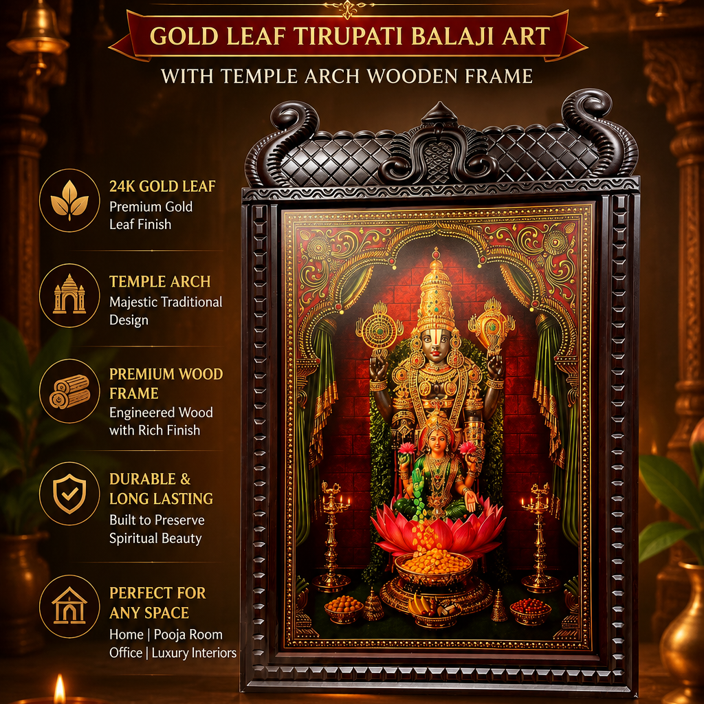 Gold Leaf Tirupati Balaji Art with Temple Arch Wooden Frame | Luxury Divine Wall Decor for Home & Pooja Room