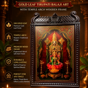 Gold Leaf Tirupati Balaji Art with Temple Arch Wooden Frame | Luxury Divine Wall Decor for Home & Pooja Room