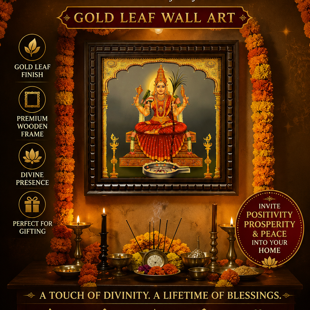 Rajarajeshwari Gold Leaf Wall Art with Engineer Wooden Frame | Luxury Pooja Room Decor