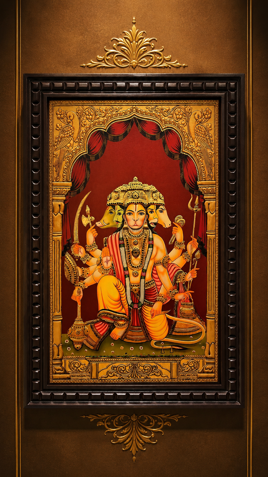 Gold Leafed Art Panchmukhi Hanuman - 2 With Wooden Frame