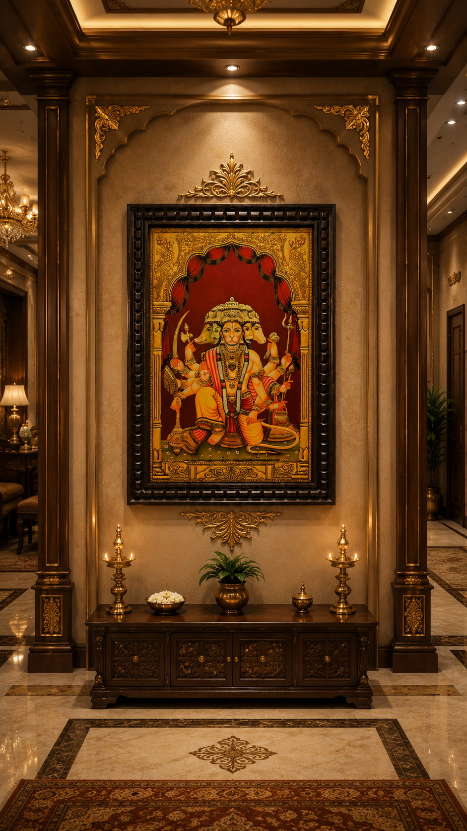 Gold Leafed Art Panchmukhi Hanuman - 2 With Wooden Frame