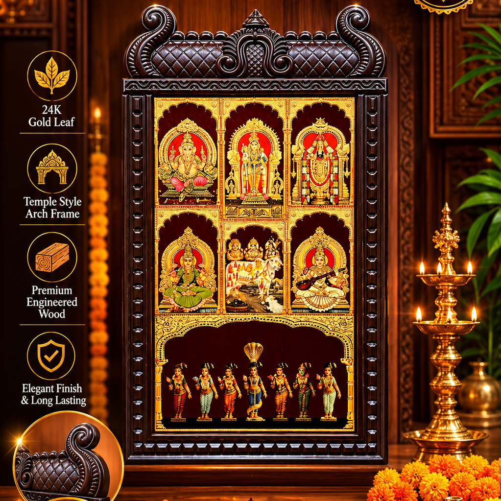 6 Gods with Sapthakanyas Art | Temple Style Arch Wooden Frame