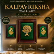 Brass Kalpavriksha Wall Art with Shubh Labh | Vastu Wealth Tree Frame on Green Silk Backdrop