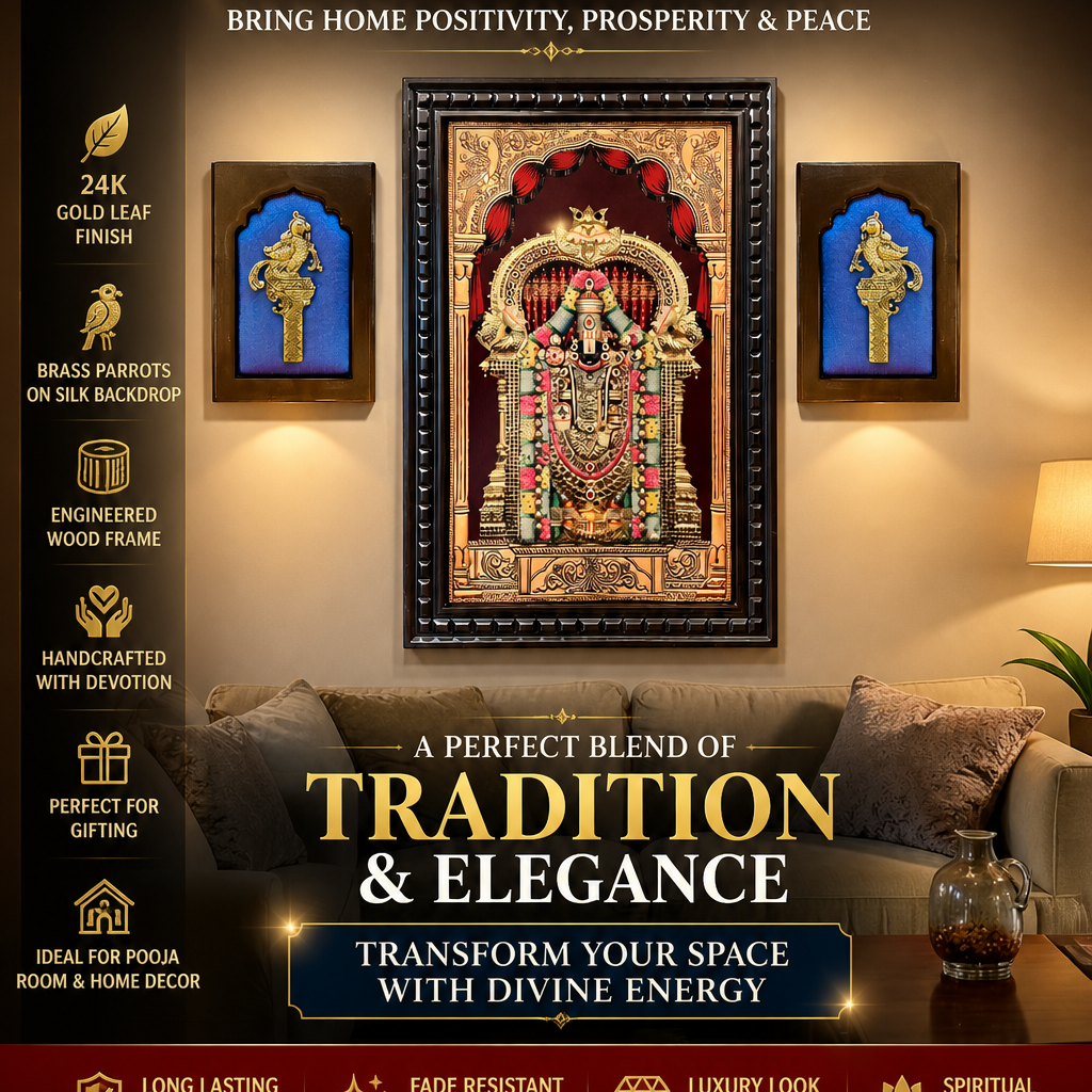 Tirupati Balaji Gold Leaf Wall Art with Brass Parrots | Premium Pooja Room Decor