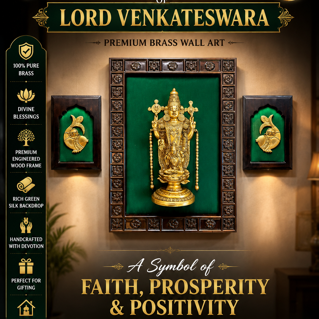 Tirupati Balaji Brass Wall Art with Shubh Labh | Luxury Green Silk Frame.
