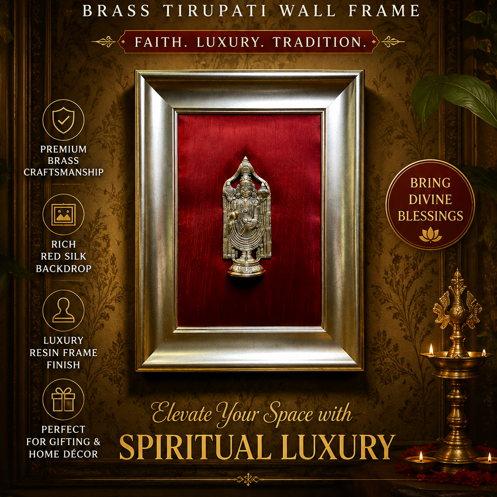 Luxury Brass Tirupati Wall Frame | Red Silk Backdrop Divine Decor | Premium Resin Frame Art.