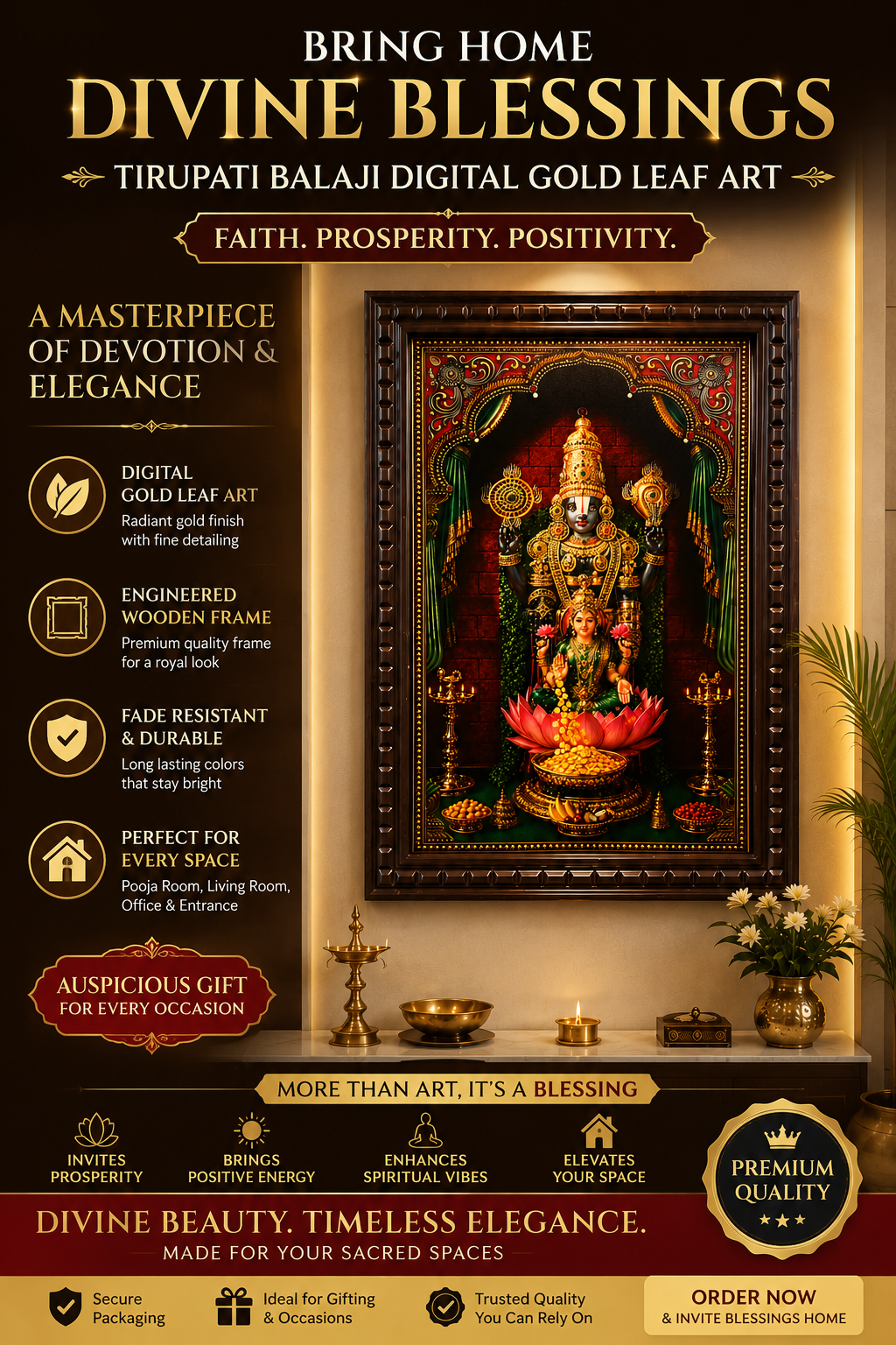 Tirupati Balaji Digital Gold Leaf Art – Luxury Pooja Room Wall Frame for Home & Office