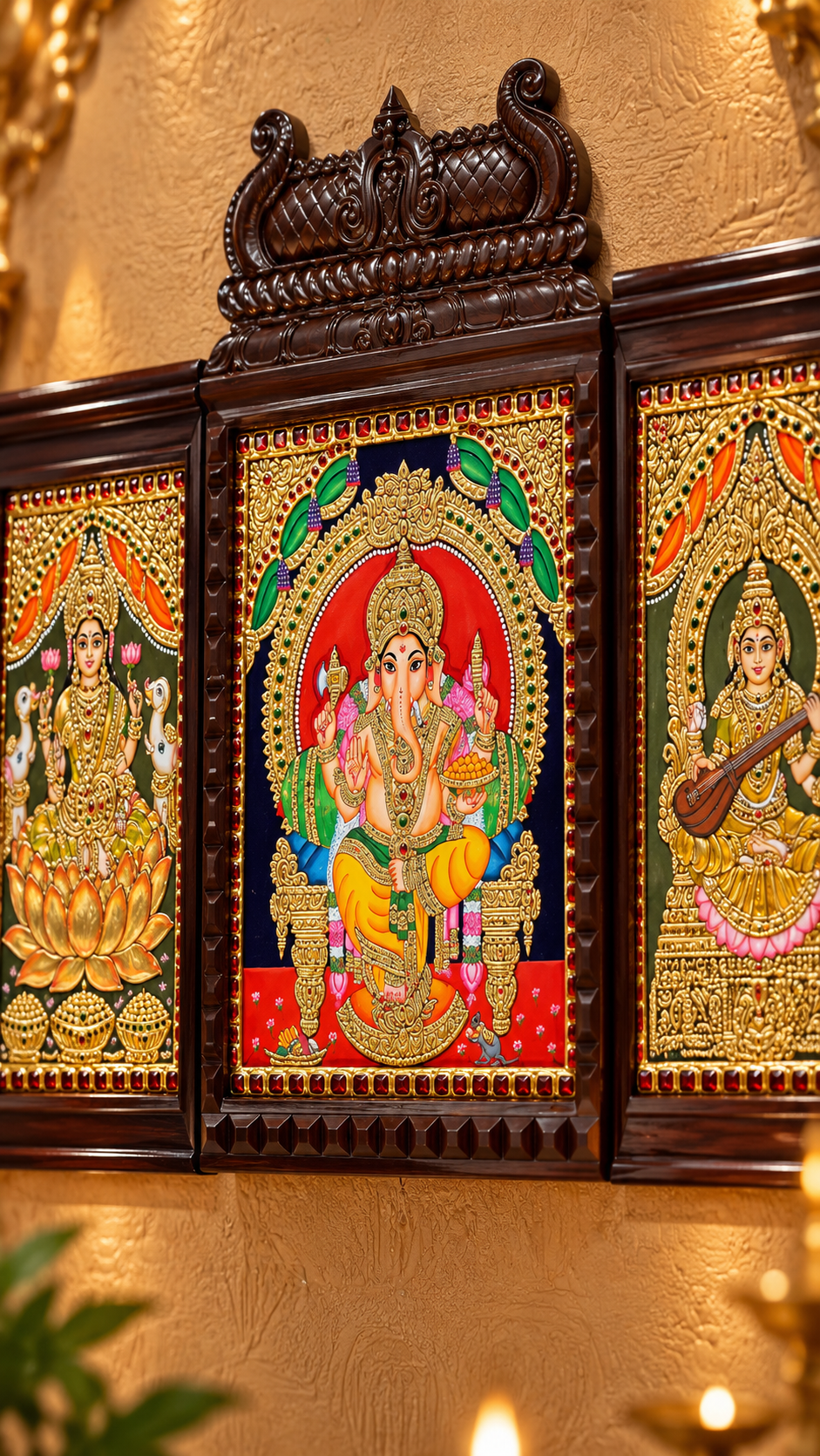 Ganesha Lakshmi Saraswati Tanjore Paintings | Premium Rosewood Frames