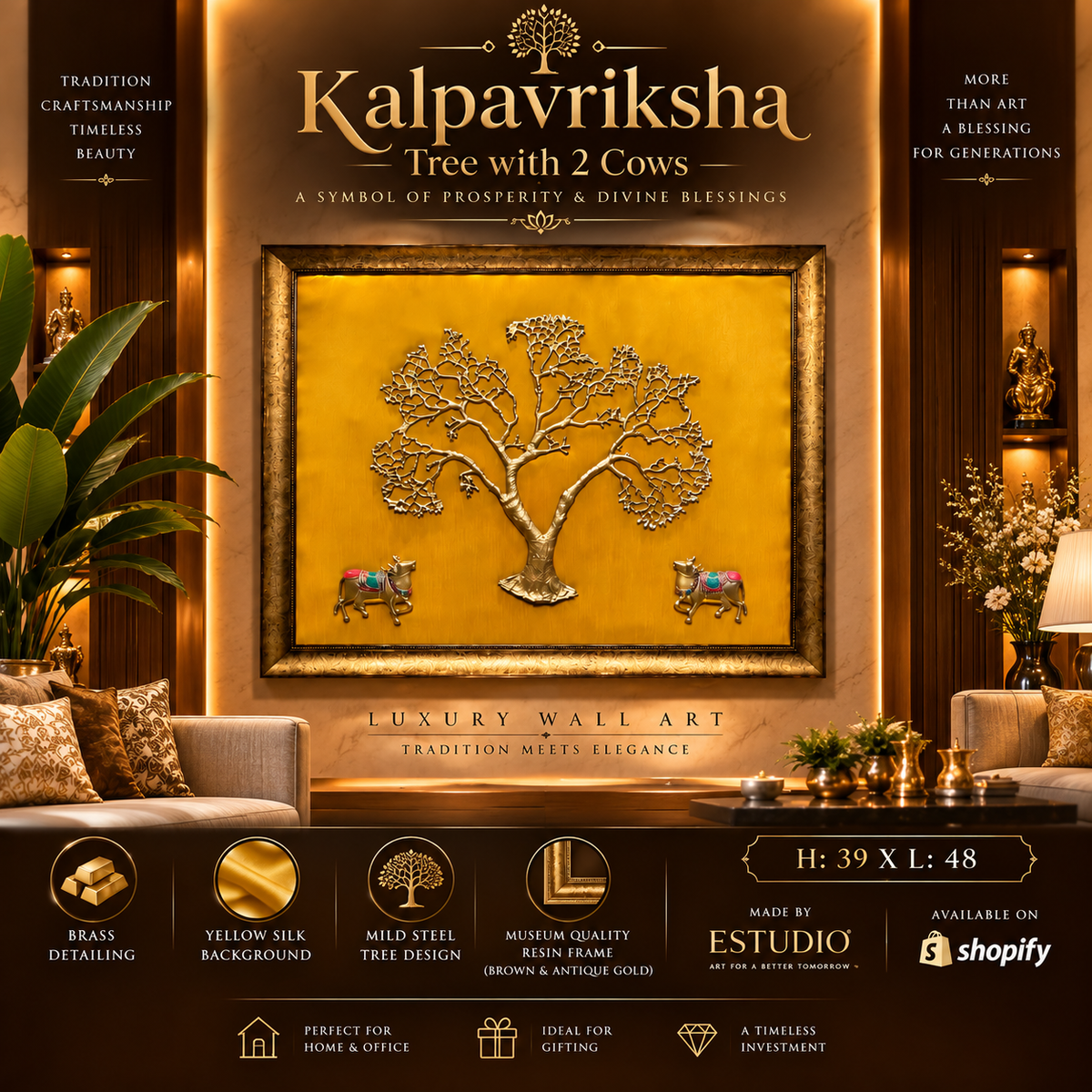 Kalpavriksha Tree with 2 Brass Cows | Luxury Indian Wall Art | Yellow Silk Background | Estudio