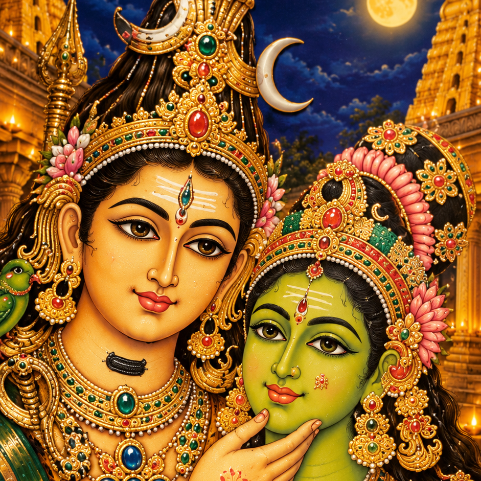 Sundareswara & Meenakshi Gold Leaf Art | Luxury Wooden Frame