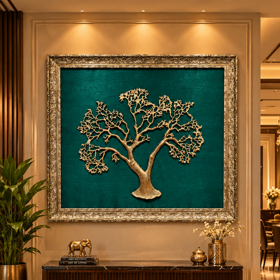 Luxury Kalpavriksha Tree of Life Metal Wall Art with Green Silk Backdrop | Estudio