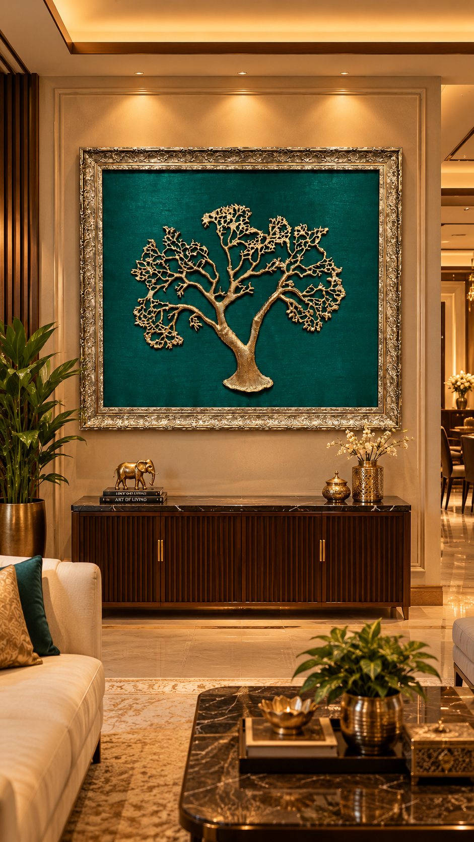 Luxury Kalpavriksha Tree of Life Metal Wall Art with Green Silk Backdrop | Estudio