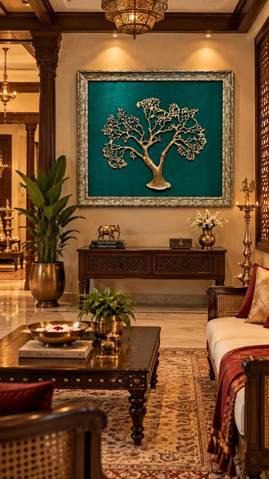 Luxury Kalpavriksha Tree of Life Metal Wall Art with Green Silk Backdrop | Estudio