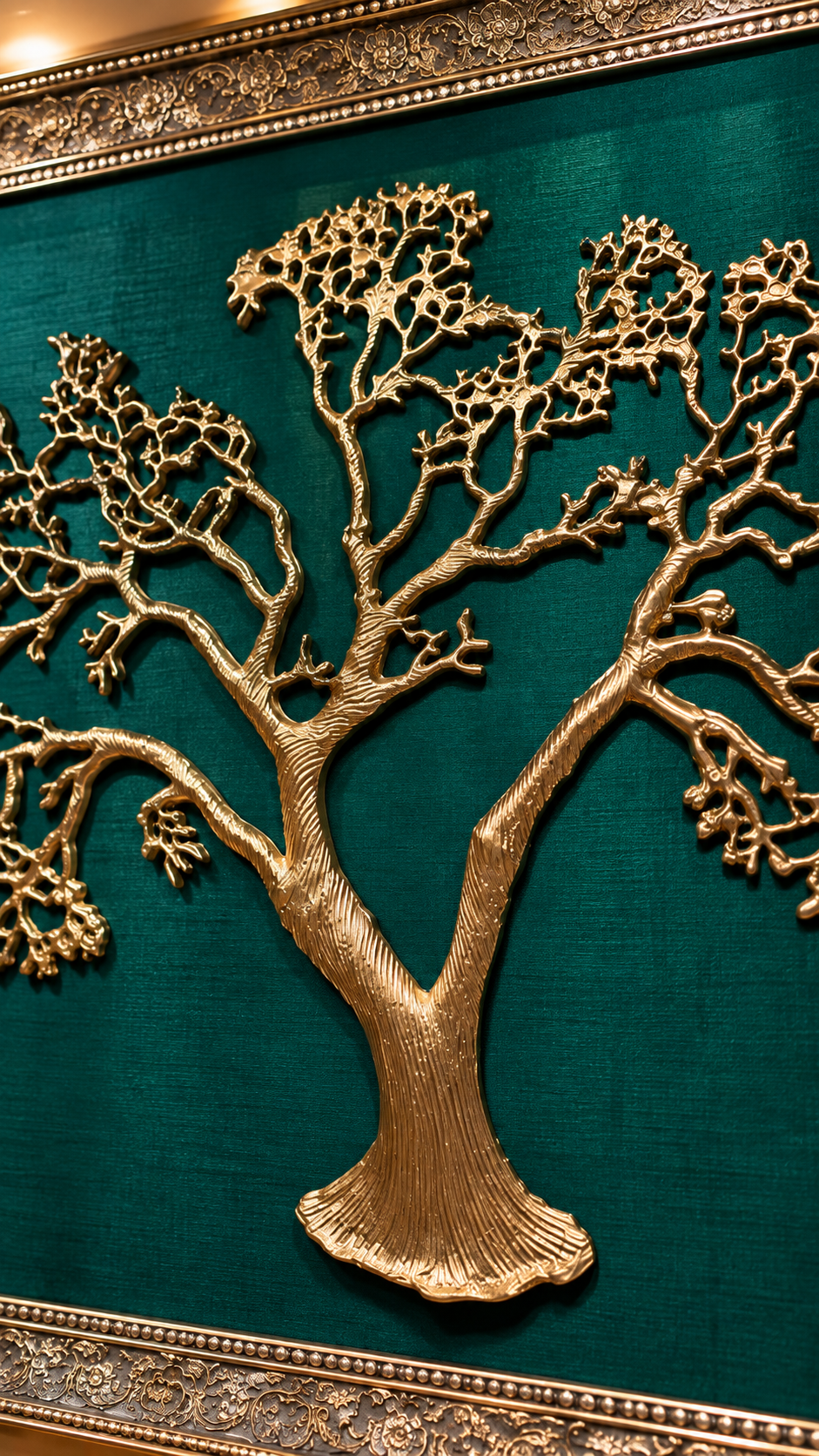Luxury Kalpavriksha Tree of Life Metal Wall Art with Green Silk Backdrop | Estudio