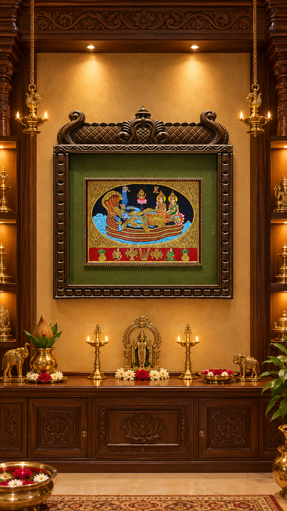 Anantha Shayana Tanjore Painting – Lord Vishnu Reclining on Adisesha with Lakshmi & Brahma | Authentic Gold Leaf South Indian Wall Art