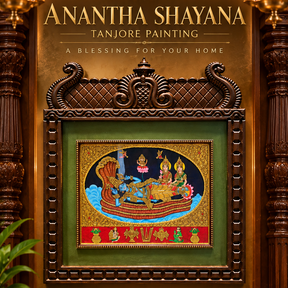 Anantha Shayana Tanjore Painting – Lord Vishnu Reclining on Adisesha with Lakshmi & Brahma | Authentic Gold Leaf South Indian Wall Art
