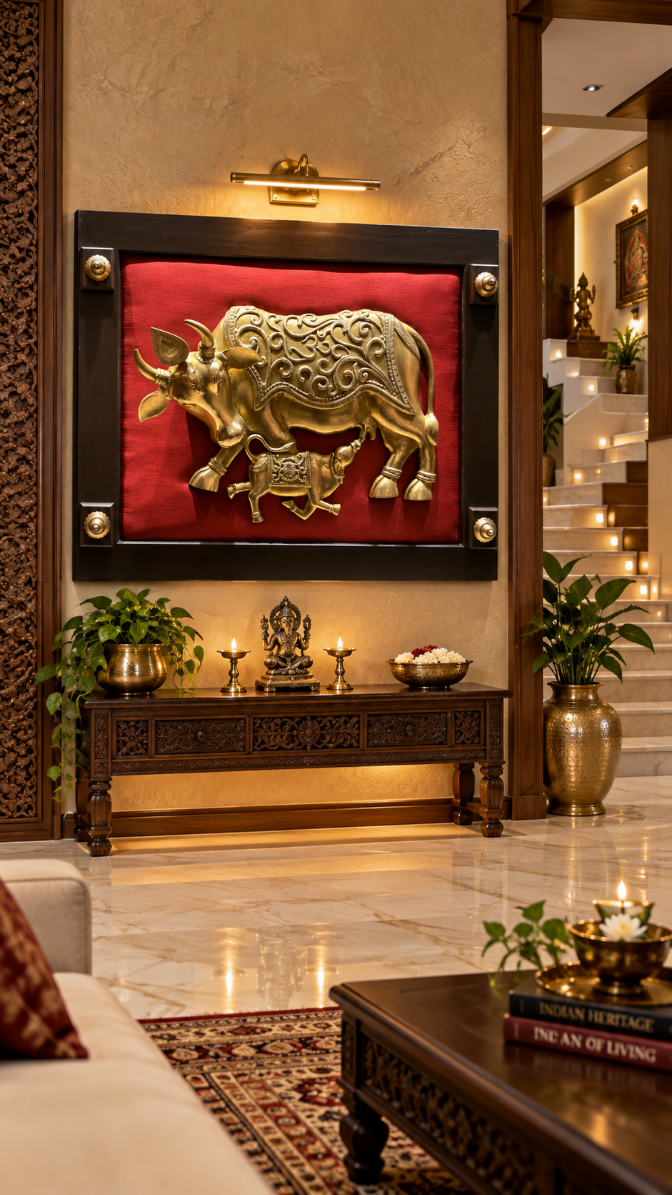 Brass Kamadhenu with Calf Wall Art | Luxury Traditional Home Décor | Divine Abundance Art