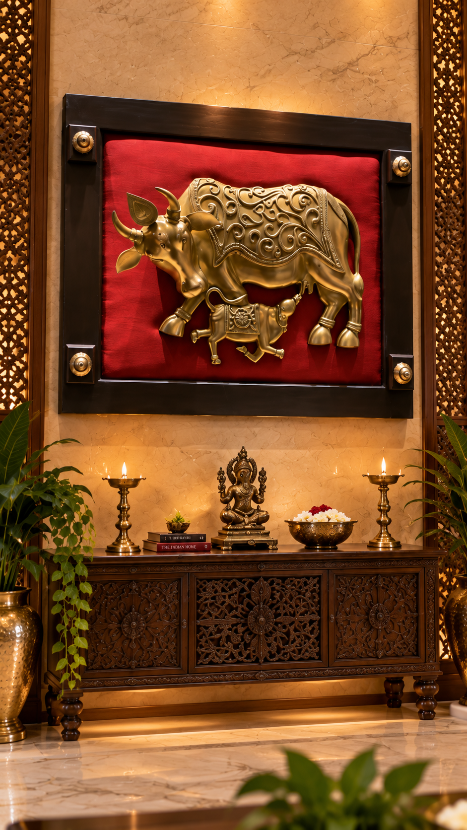 Brass Kamadhenu with Calf Wall Art | Luxury Traditional Home Décor | Divine Abundance Art