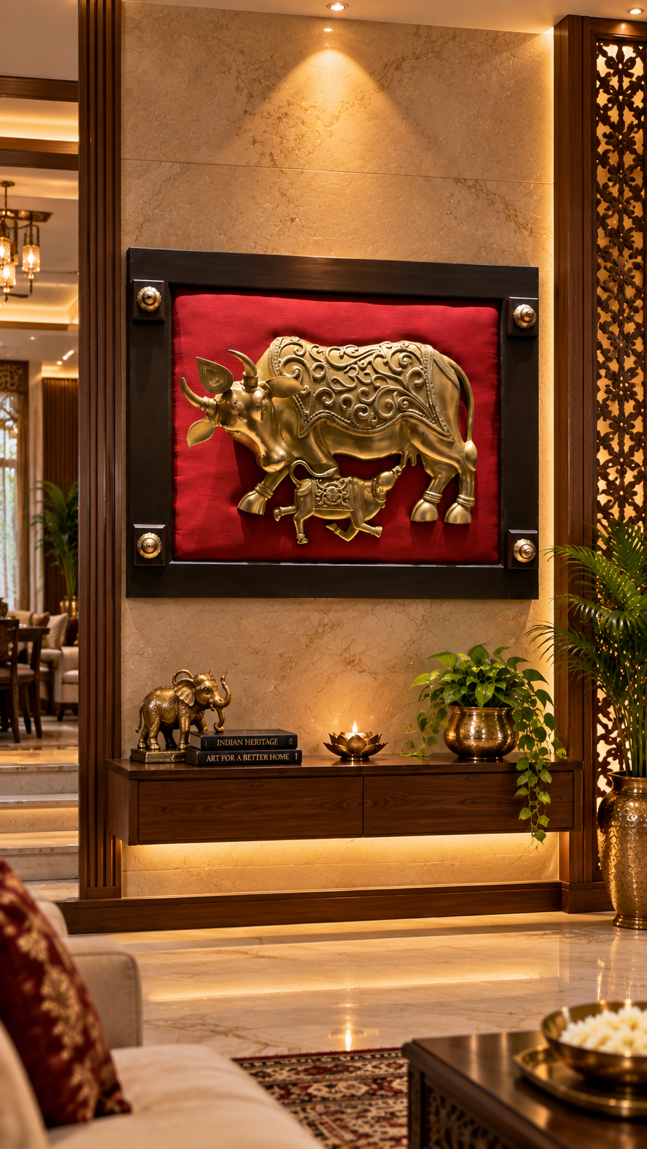 Brass Kamadhenu with Calf Wall Art | Luxury Traditional Home Décor | Divine Abundance Art