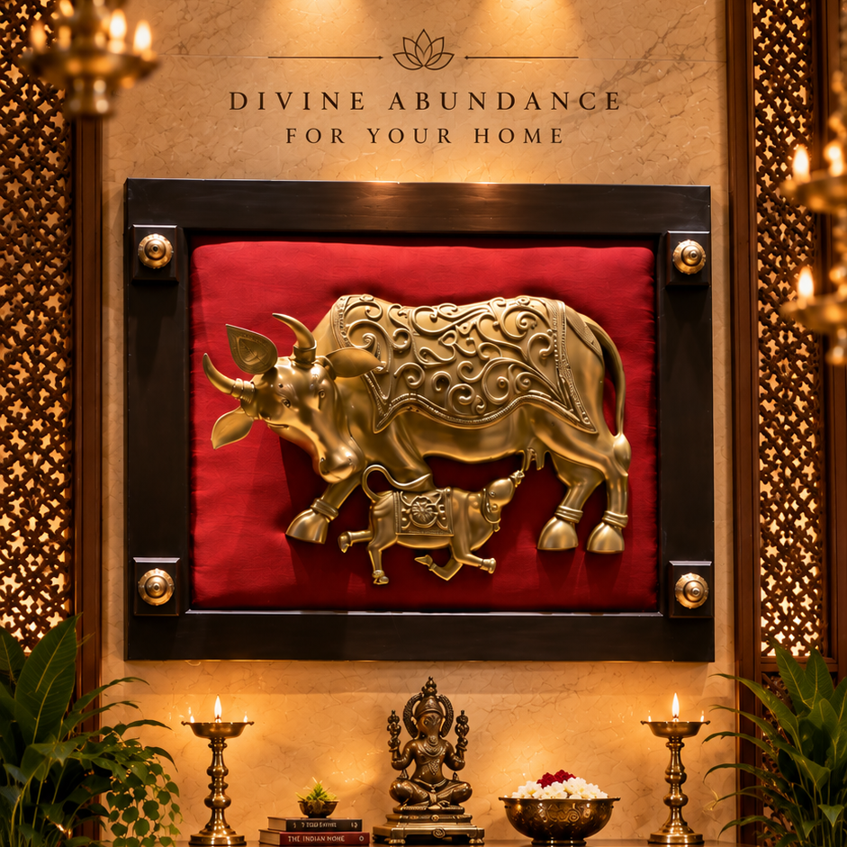 Brass Kamadhenu with Calf Wall Art | Luxury Traditional Home Décor | Divine Abundance Art