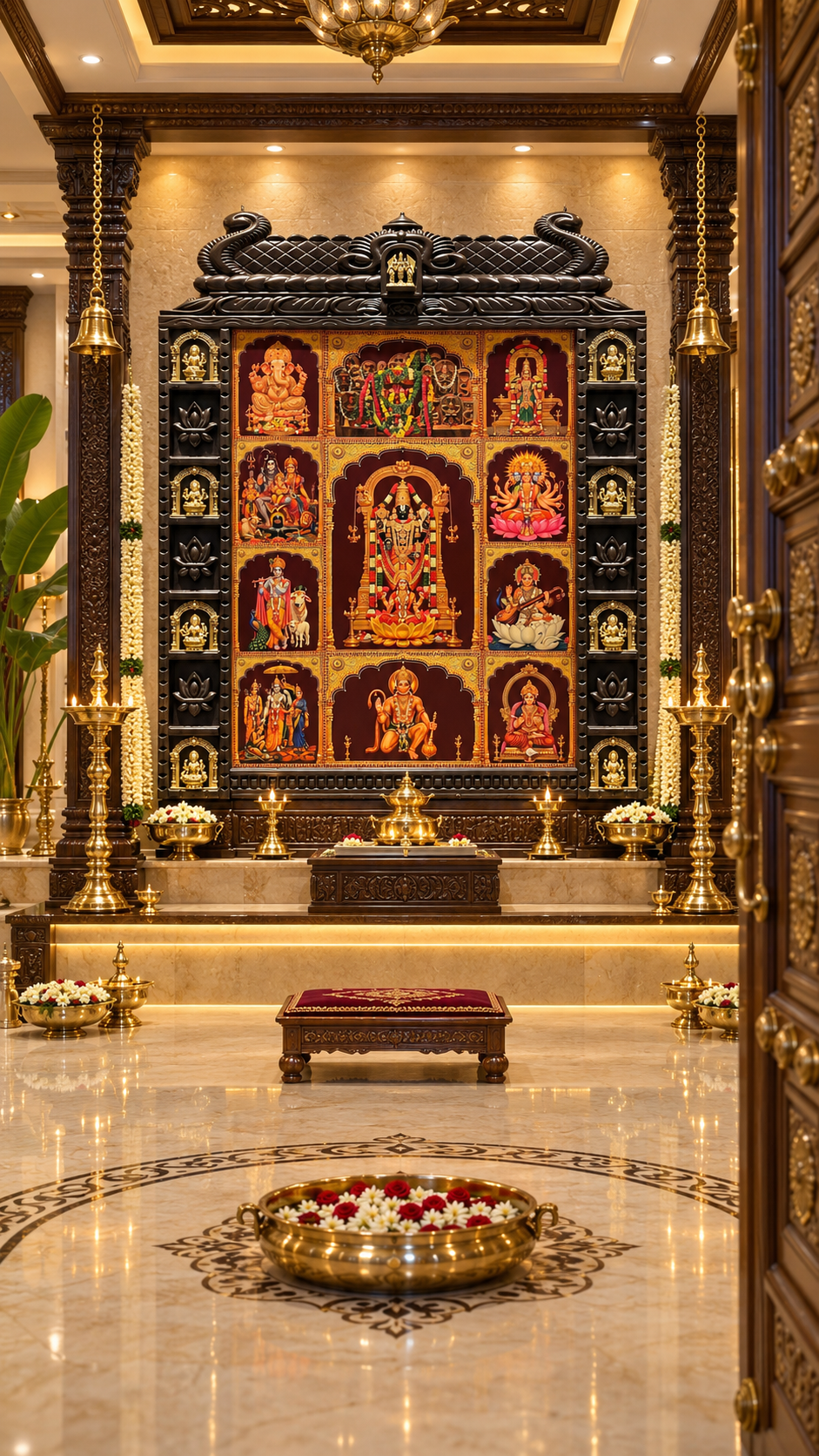 11 Gods in One Frame Gold Leaf Art with Brass Ashtalakshmi | Temple Style Wooden Pooja Frame by Estudio