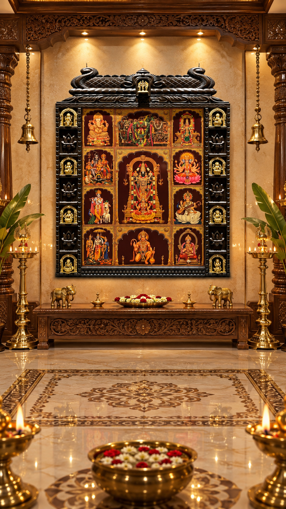 11 Gods in One Frame Gold Leaf Art with Brass Ashtalakshmi | Temple Style Wooden Pooja Frame by Estudio