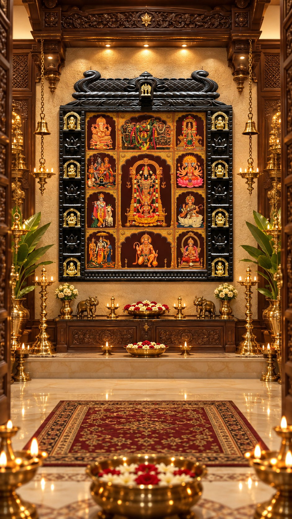 11 Gods in One Frame Gold Leaf Art with Brass Ashtalakshmi | Temple Style Wooden Pooja Frame by Estudio