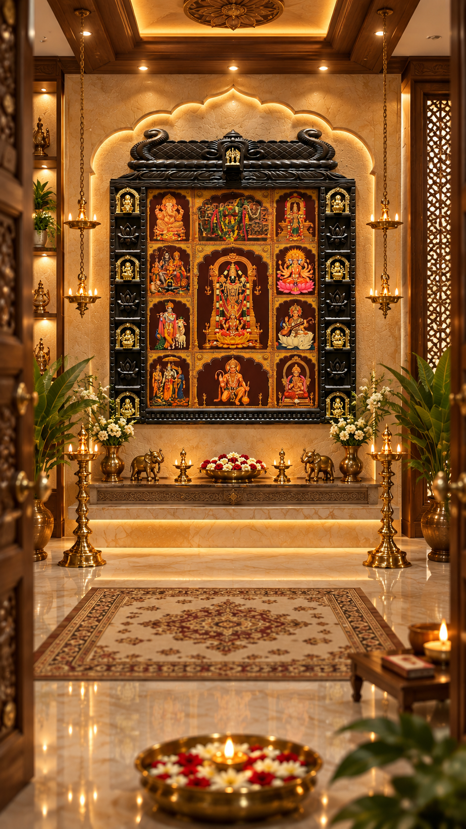 11 Gods in One Frame Gold Leaf Art with Brass Ashtalakshmi | Temple Style Wooden Pooja Frame by Estudio