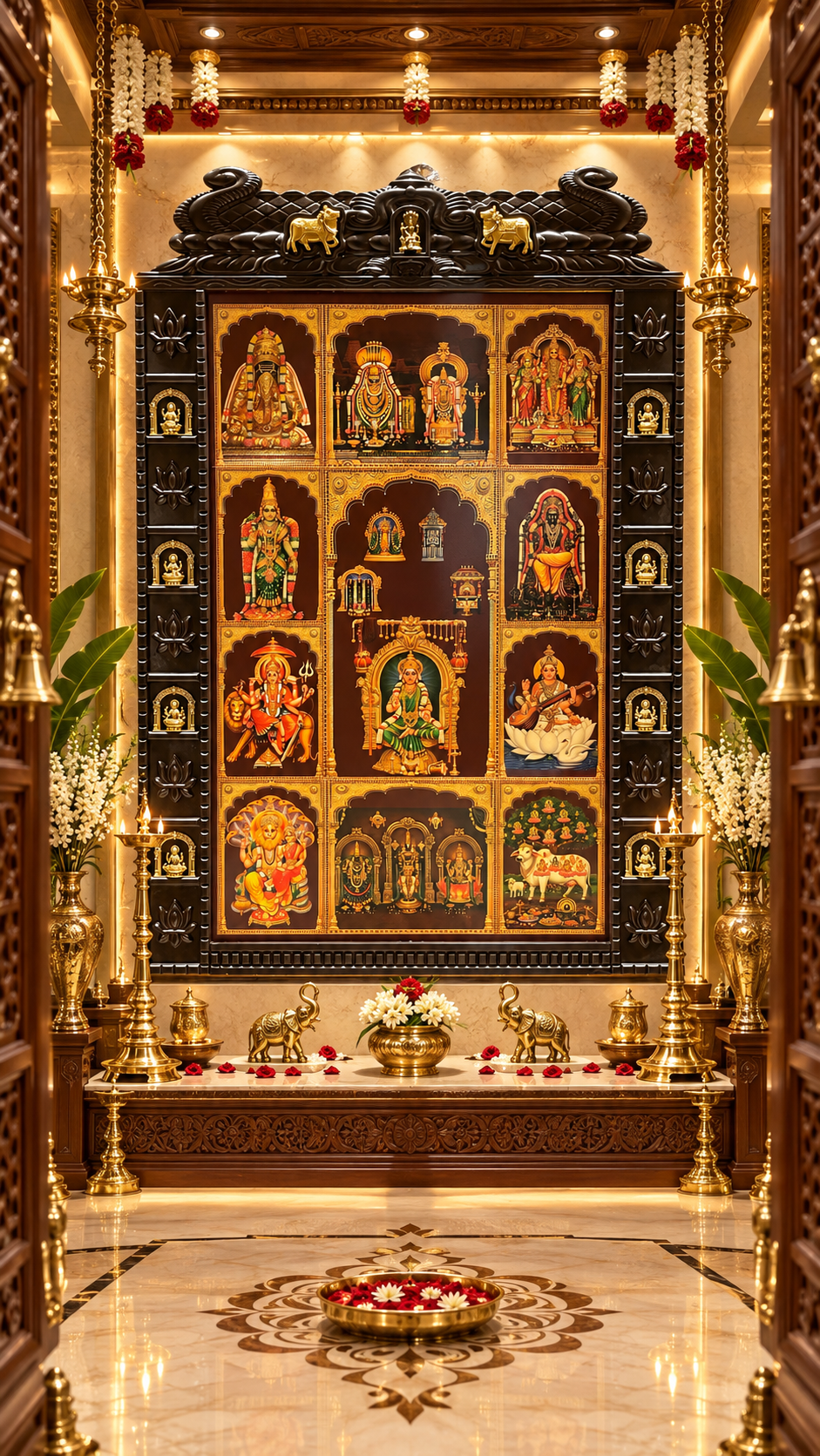 11 Gods in One Frame Gold Leaf Art with Brass Ashtalakshmi & Kamadhenu | Estudio