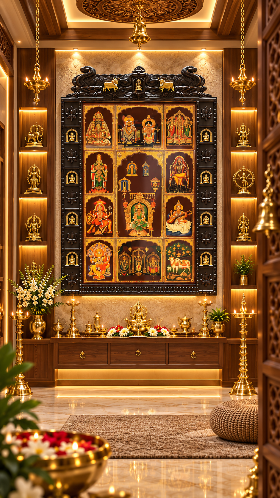 11 Gods in One Frame Gold Leaf Art with Brass Ashtalakshmi & Kamadhenu | Estudio