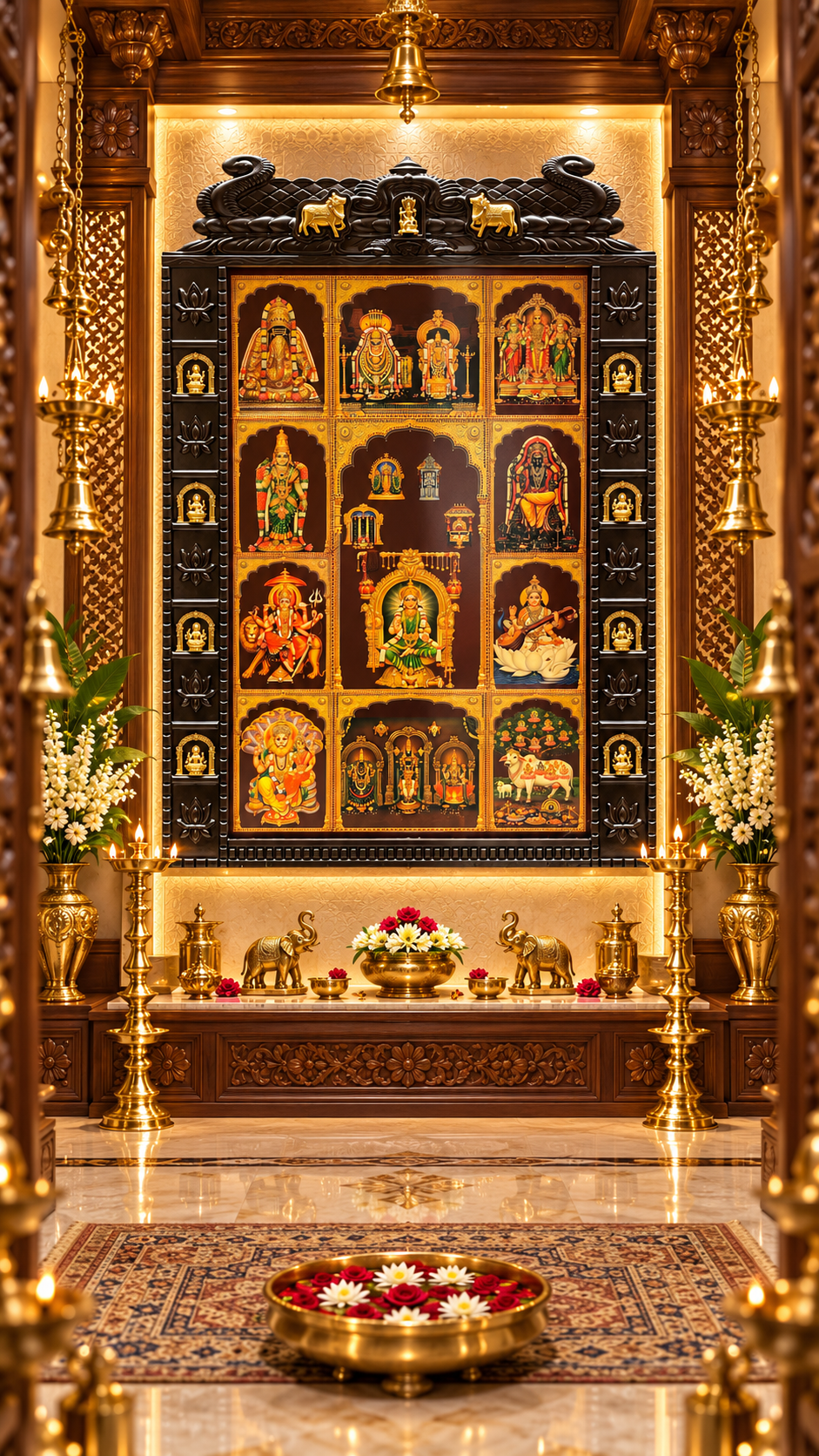 11 Gods in One Frame Gold Leaf Art with Brass Ashtalakshmi & Kamadhenu | Estudio