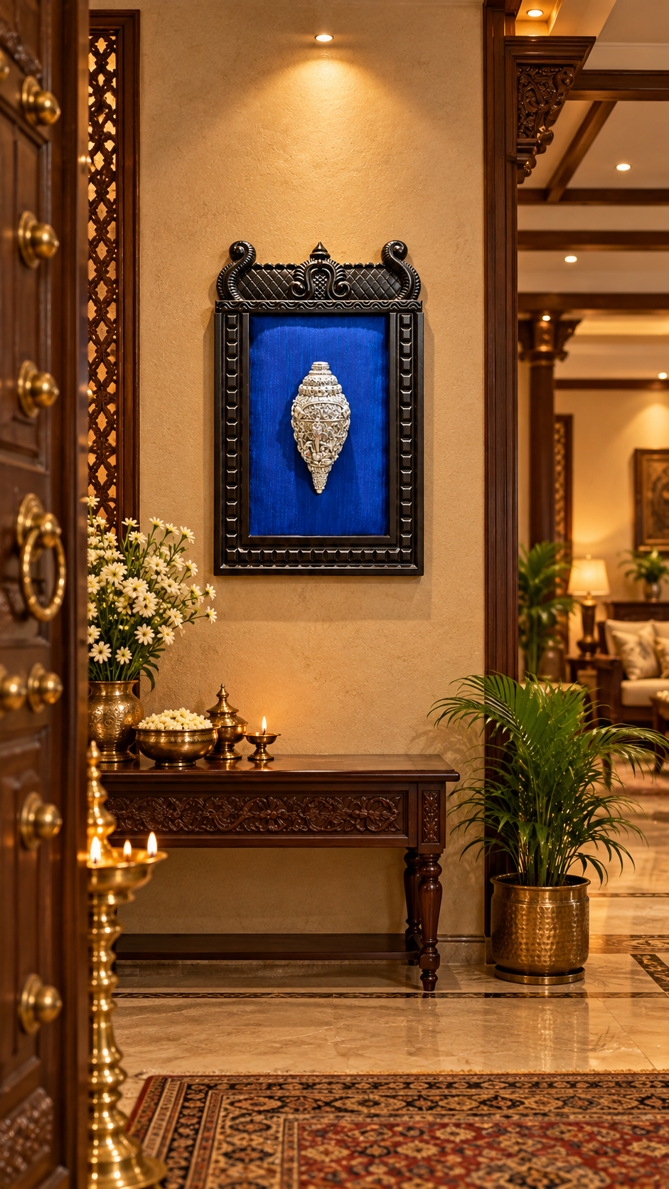 92.5 Sterling Silver Ganesh Shanku on Blue Silk | Temple-Style Wall Art by Estudio