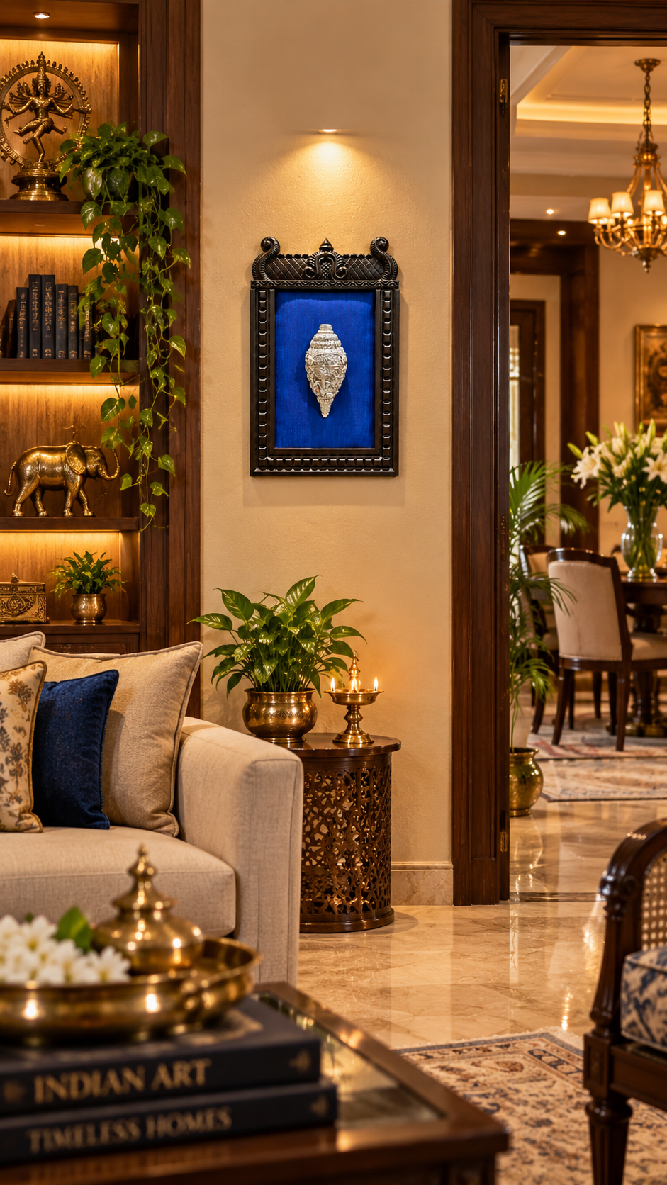 92.5 Sterling Silver Ganesh Shanku on Blue Silk | Temple-Style Wall Art by Estudio