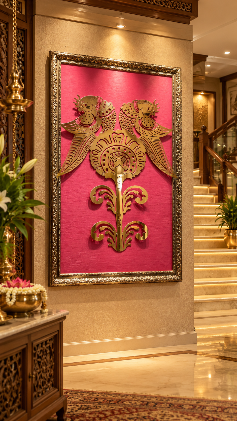 Metal Pair of Parrots Wall Art | Gold-Finish Metal Art on Rich Pink Silk