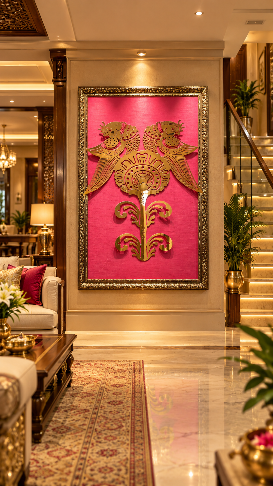 Metal Pair of Parrots Wall Art | Gold-Finish Metal Art on Rich Pink Silk