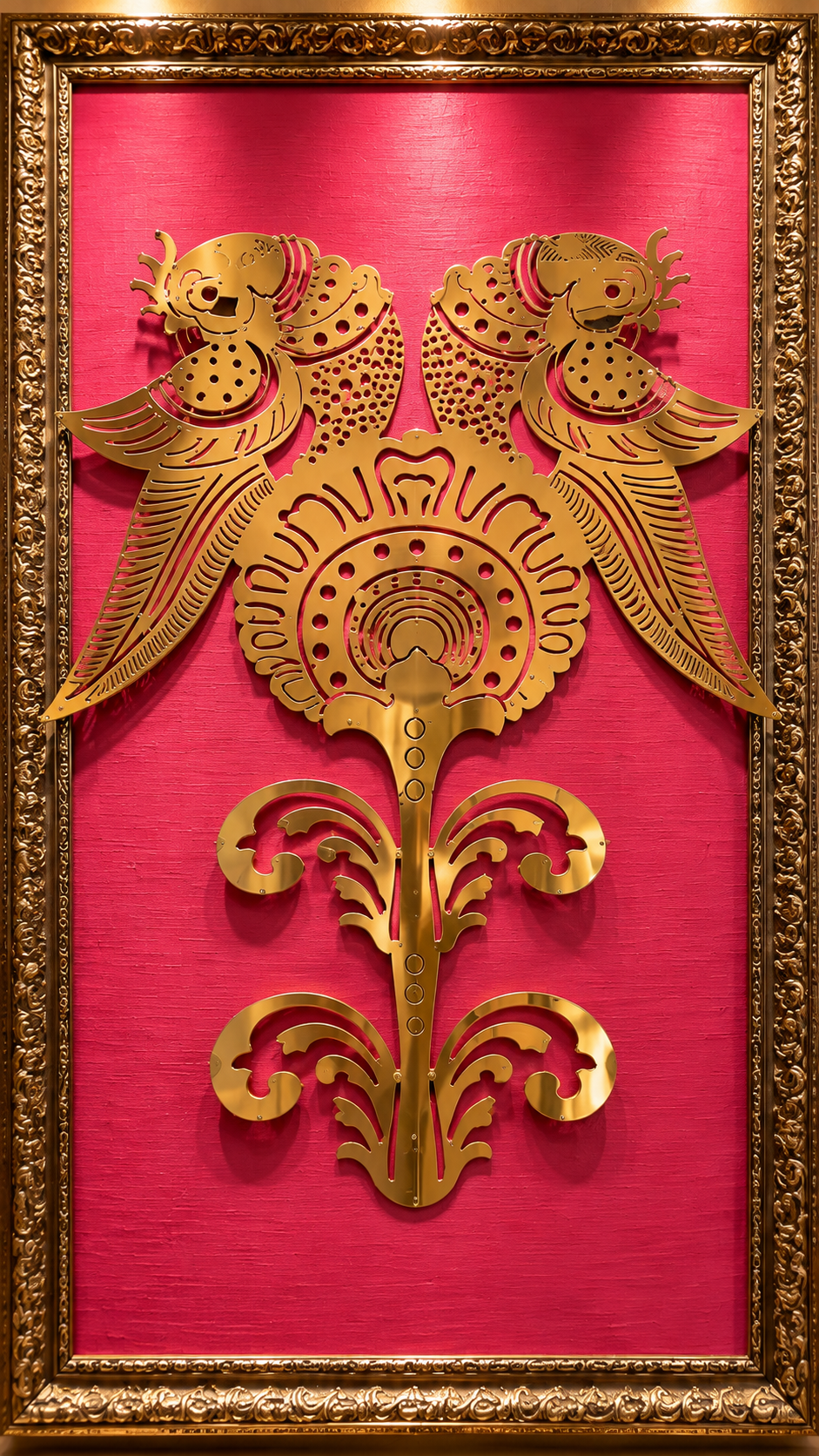 Metal Pair of Parrots Wall Art | Gold-Finish Metal Art on Rich Pink Silk