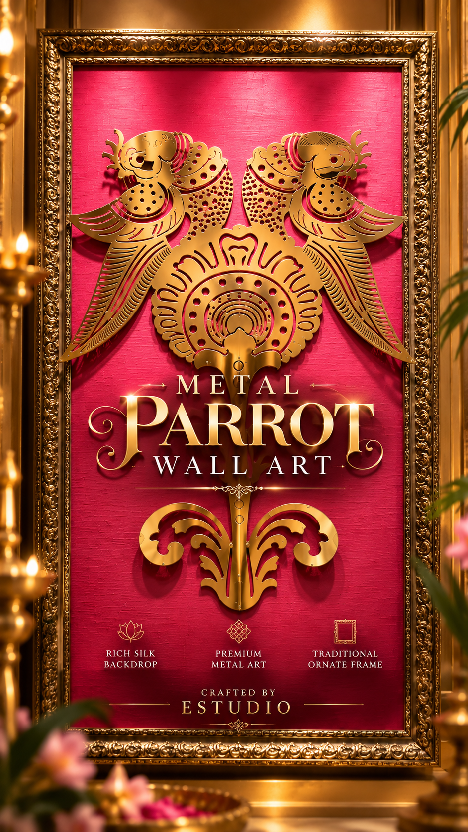 Metal Pair of Parrots Wall Art | Gold-Finish Metal Art on Rich Pink Silk