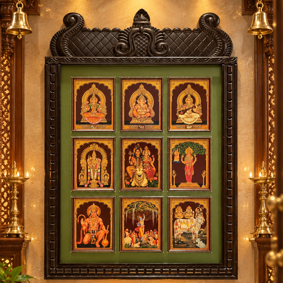 9 Gods in One Frame | Green Mount Temple-Style Wooden Frame | Divine Wall Art by Estudio