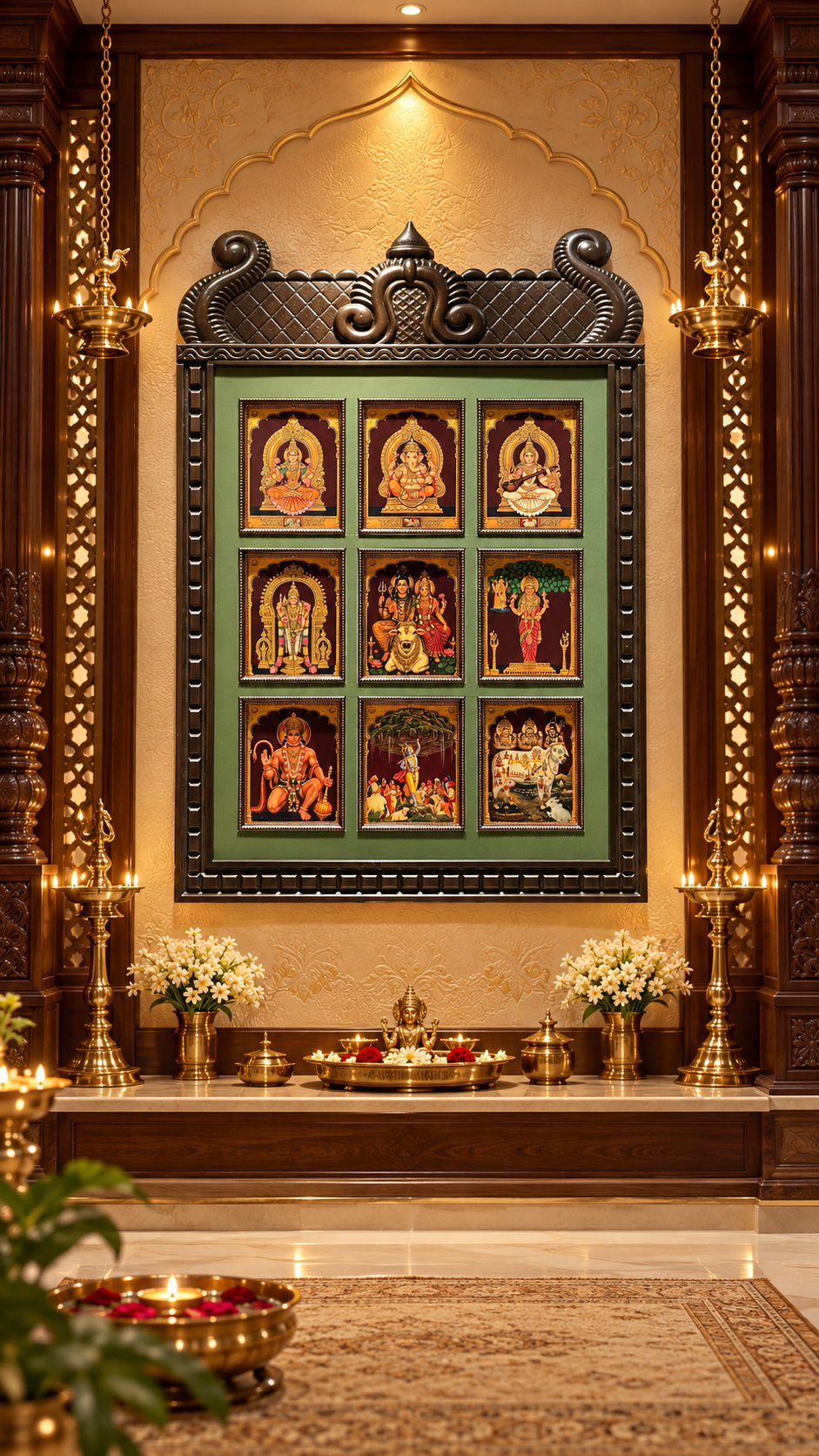 9 Gods in One Frame | Green Mount Temple-Style Wooden Frame | Divine Wall Art by Estudio